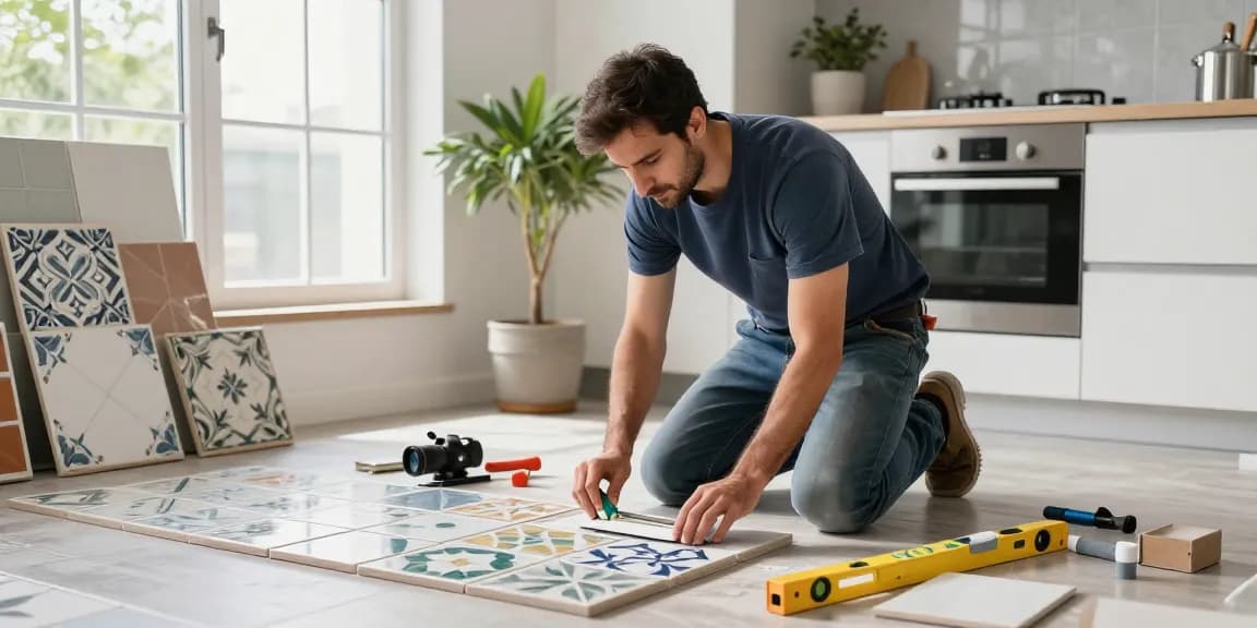معلم سيراميك باكستاني يعمل بمهارة في تركيب بلاط السيراميك في مطبخ حديث بأجواء مريحة.