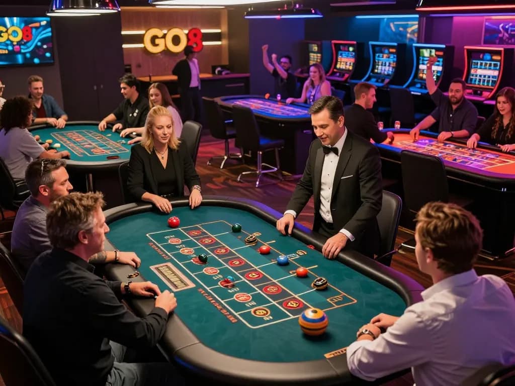 GO8 players experiencing the thrill of roulette in a lively casino atmosphere.
