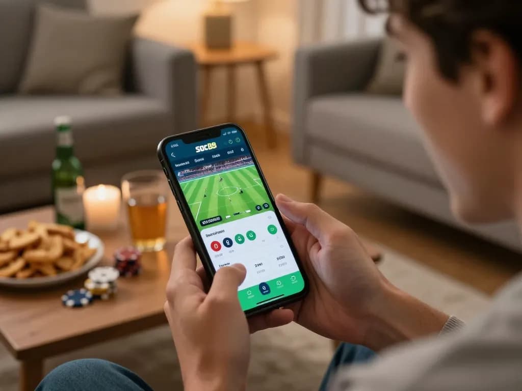 Soc88 user engaging in an exciting sports betting moment on a smartphone in a cozy home setting.