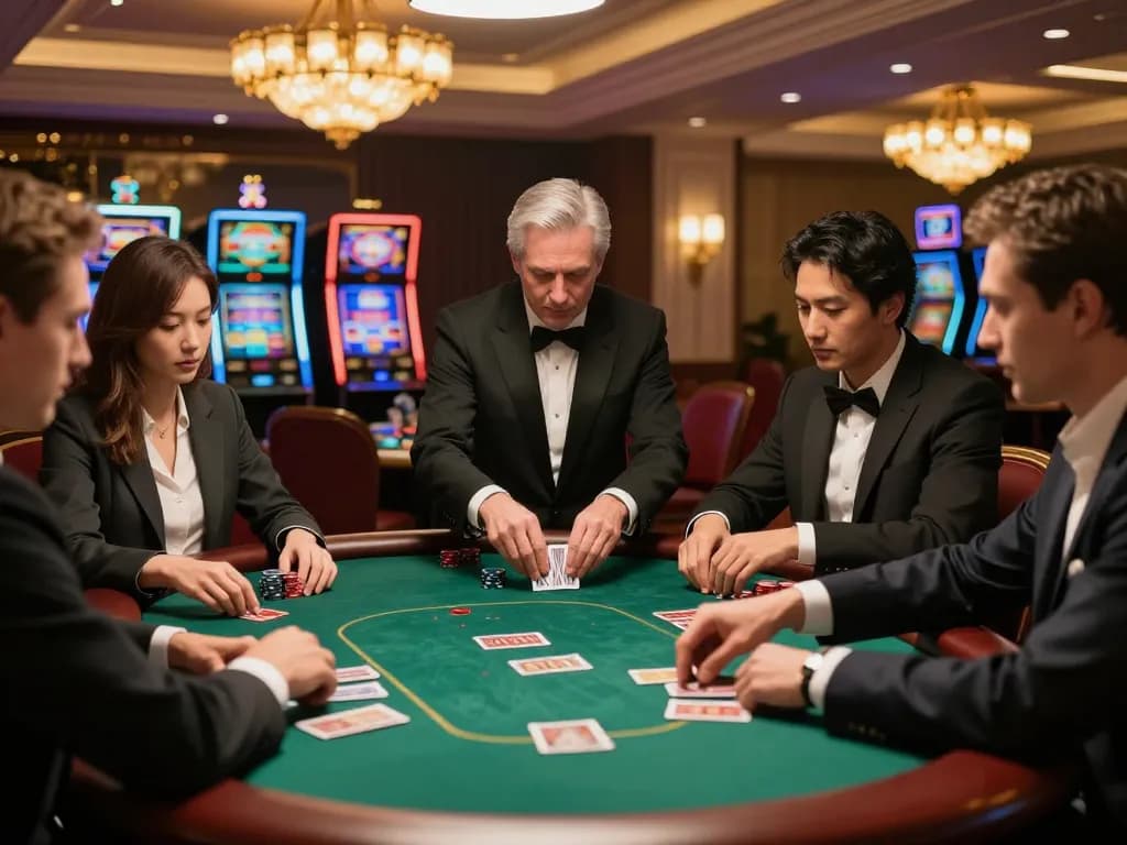 Players engaged in a strategic poker game at 789club with a luxurious casino backdrop.