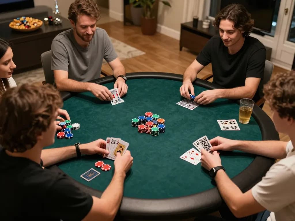 Bong88 players enjoying a friendly poker game at home with vibrant chips and cards