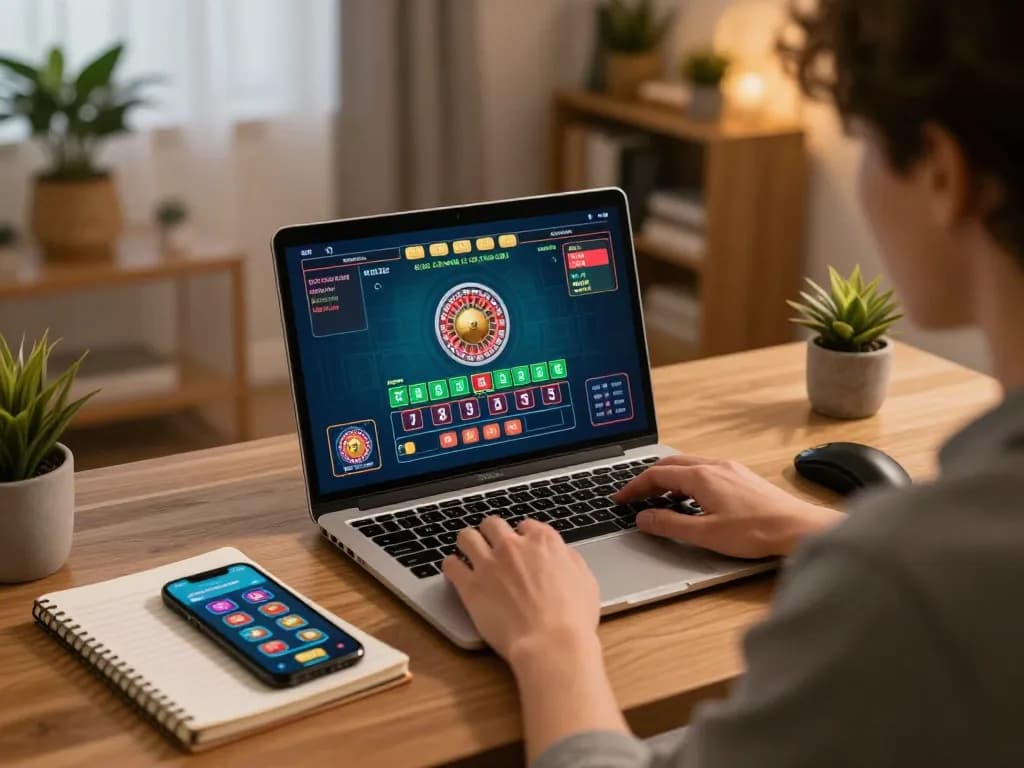 Engage with 789win's live casino gaming setup, showcasing roulette action on a laptop in a cozy environment.