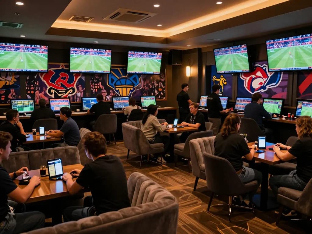 N88 sports betting lounge with enthusiastic patrons placing wagers on live events