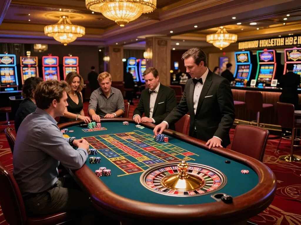 Players place bets at the fabet roulette table in a vibrant casino setting