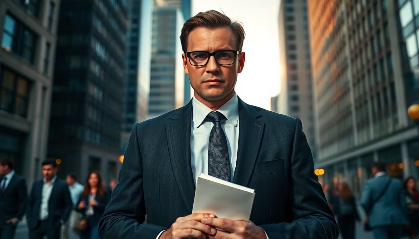 A focused private investigator analyzing clues in a busy city street.