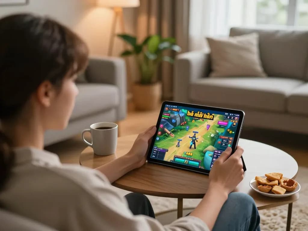 Engaging scene of a player immersed in game bài đổi thưởng on tablet at home, capturing strategic gameplay