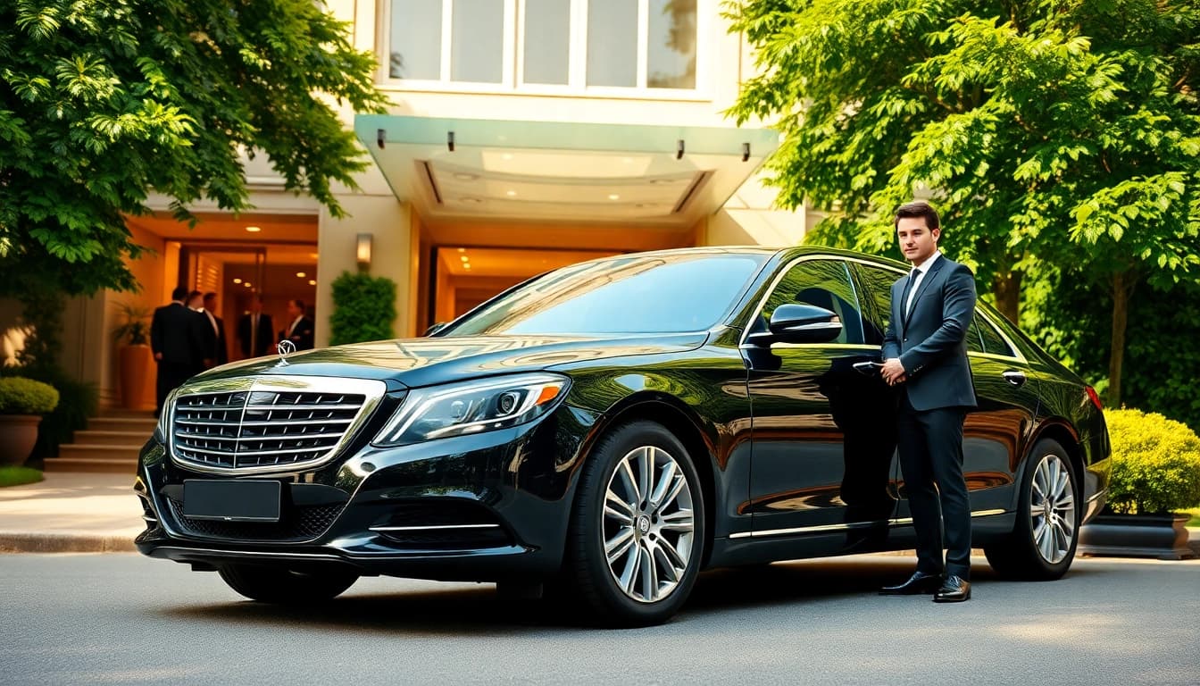 Chauffeur Hire service showcased with a luxury vehicle and professional chauffeur in a high-end setting.