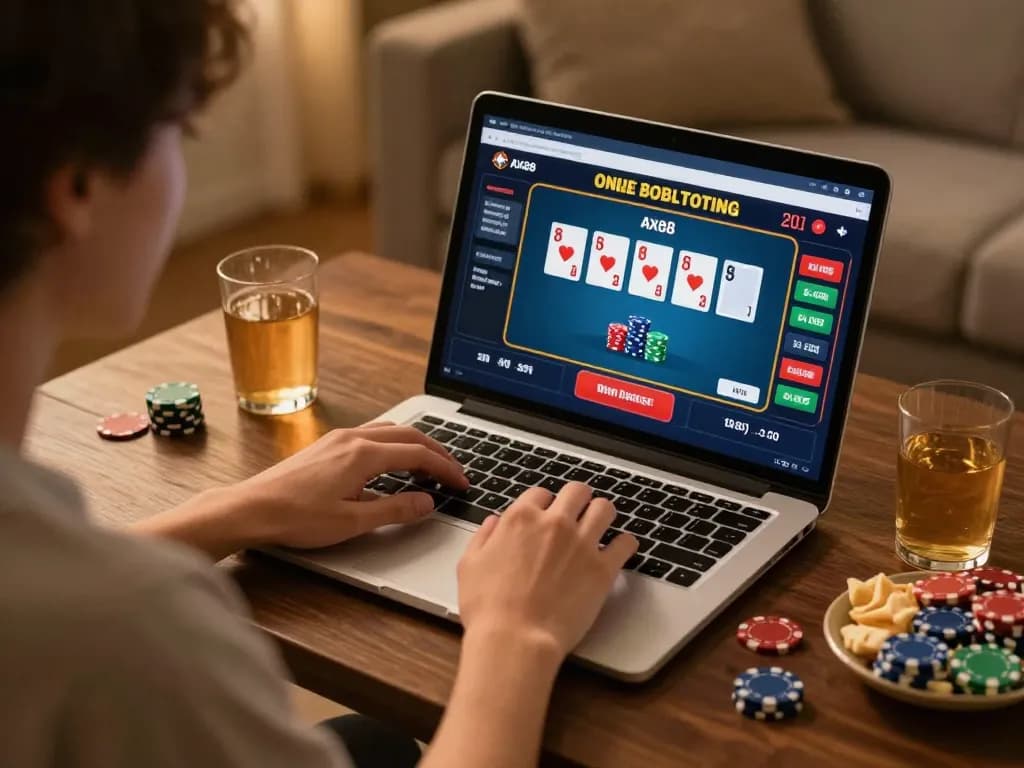 Engaging AX88 online casino gameplay on a laptop with cozy home decor.