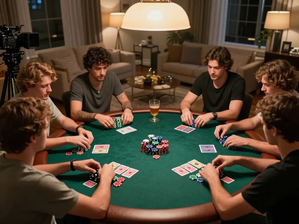 Players enjoying a dynamic poker night, showcasing competitive energy and strategy at home with KUWIN branding.
