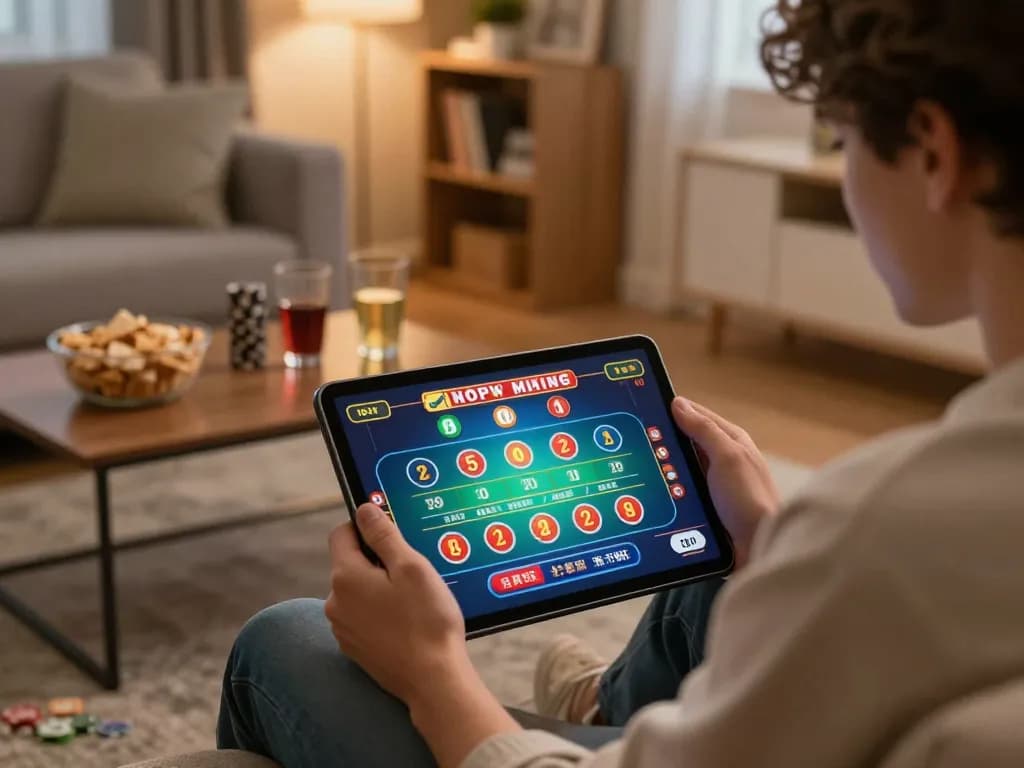 Exciting player engaging with live dealer game on tablet while exploring go 88 casino options in a cozy home.
