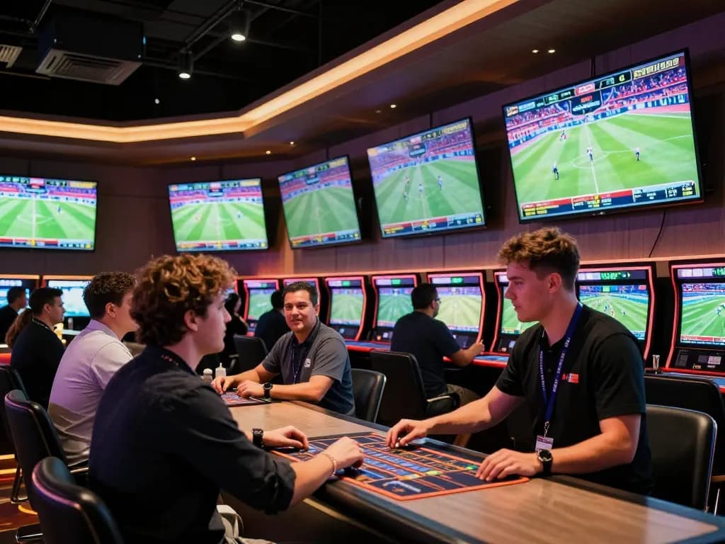 UU88 sportsbook with enthusiastic bettors placing bets and watching live sports events, thrilling atmosphere.