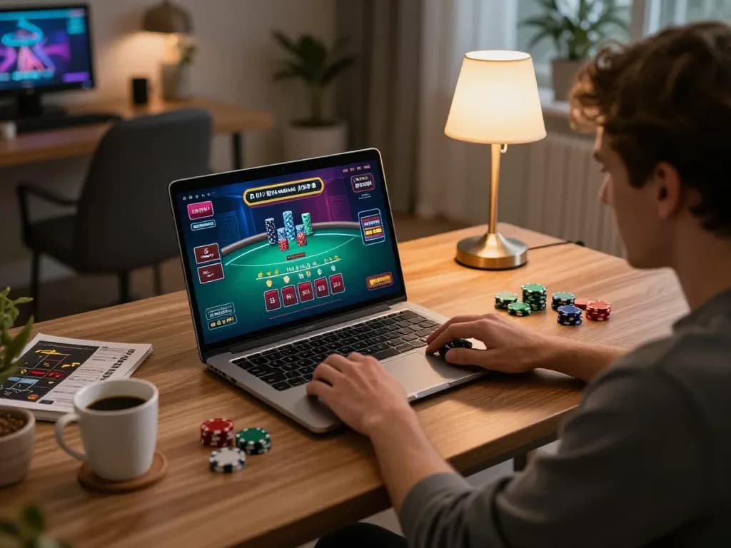 GA88 player engaged in strategic online blackjack game at home with laptop, highlighting gaming strategy.