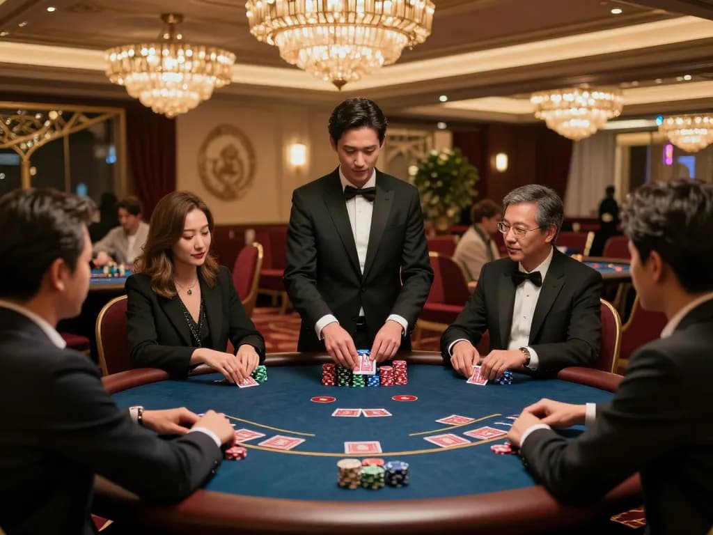 Players enjoy high-stakes poker at QQ88's luxurious gaming table, showcasing an engaging casino atmosphere.