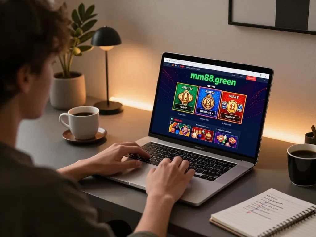 Experience thrilling gameplay at mm88.green with a vibrant online casino interface on a sleek laptop