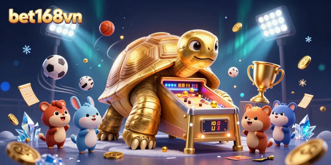 Engage with bet168vn's thrilling gaming experience featuring a colossal golden tortoise and interactive sports elements.