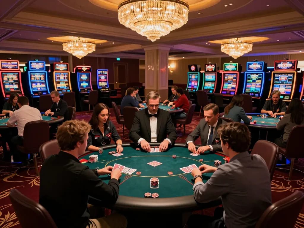 Players engaging in high-stakes poker games at CM88-yu casino, illuminated by dazzling lights.