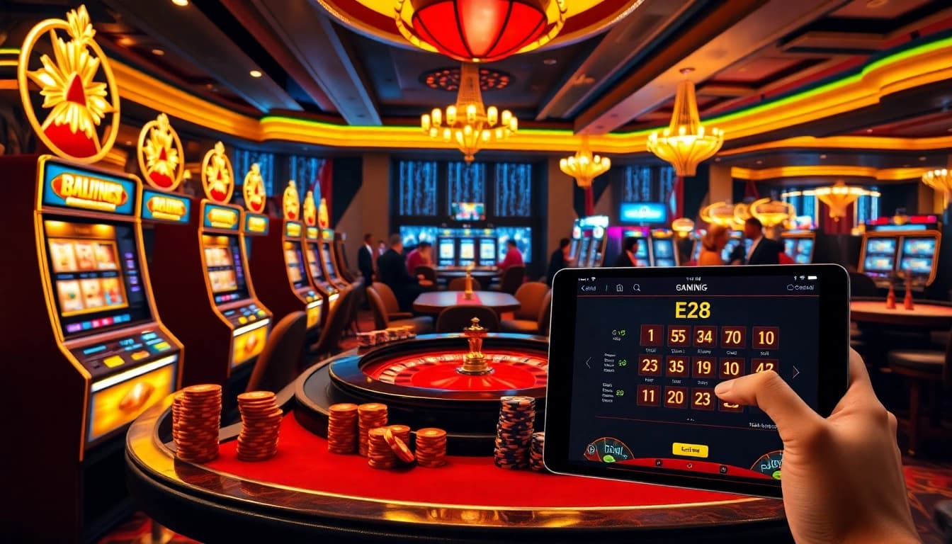 Experience the excitement of E28 gaming with vibrant casino visuals of slot machines and roulette tables.