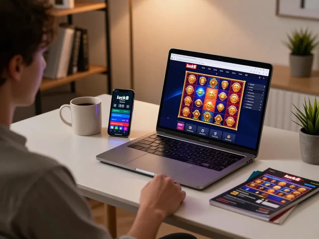 Engaged player using luck8 app for online casino gaming at home, showcasing vibrant slot interface.
