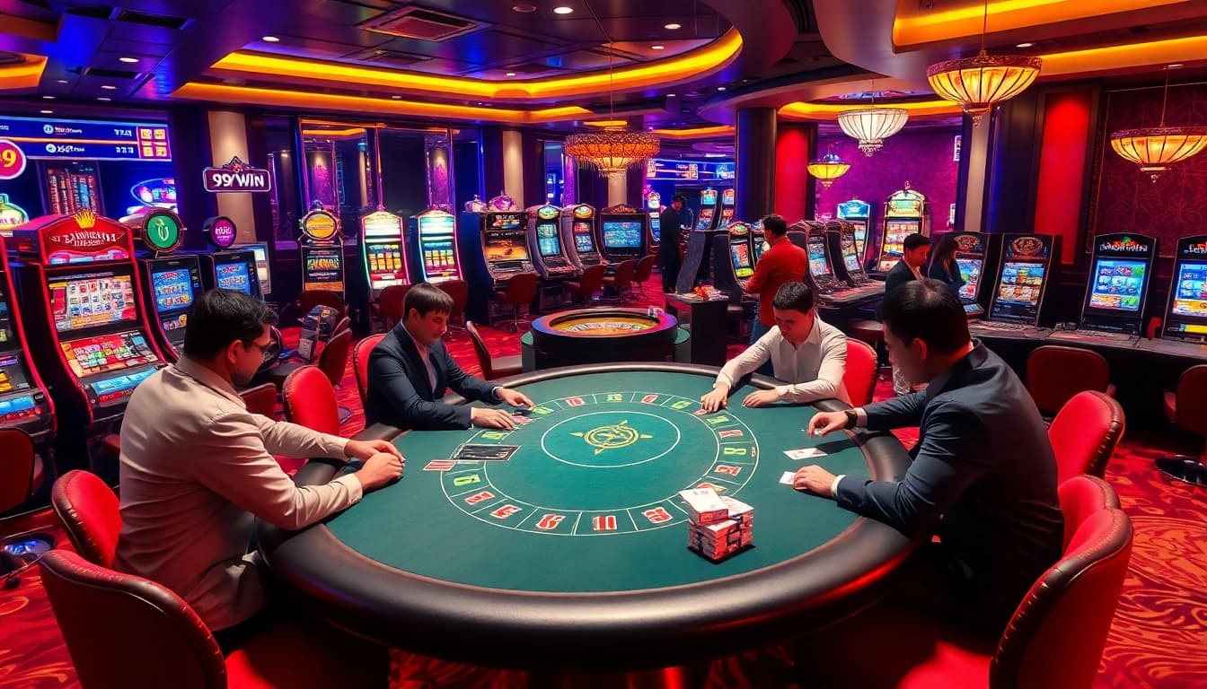 Players engaging in a thrilling poker game at the luxurious 99win casino.