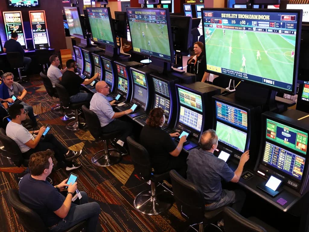 Watch bettors engaging with live sports on tylekeonhacai88's betting screens, showcasing excitement.
