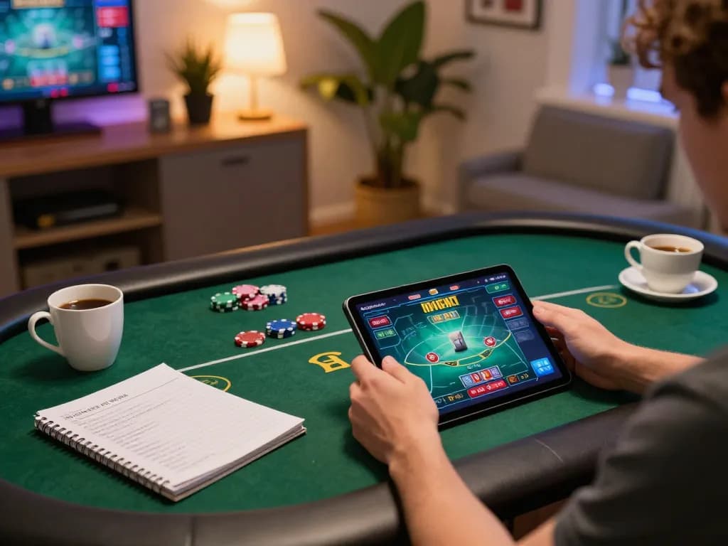 Player engaging with 33win online poker game on tablet in a cozy home setting