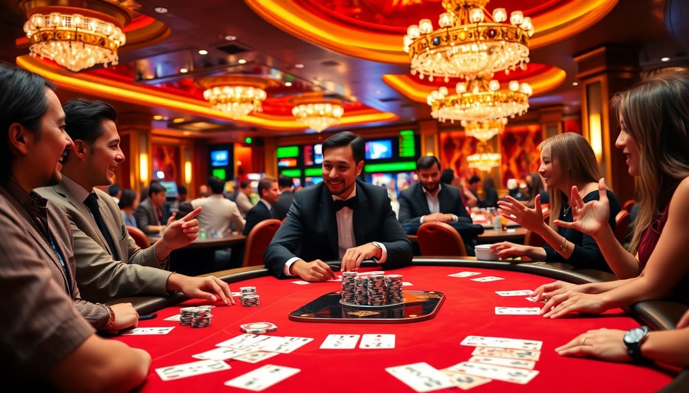 Players enjoy a win55 poker game at a luxurious casino table, surrounded by excitement.