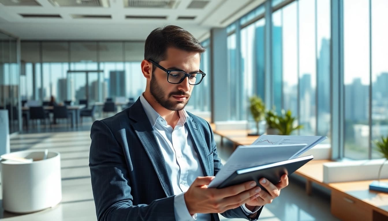 Engaging professional reviewing background checks services in a modern office.