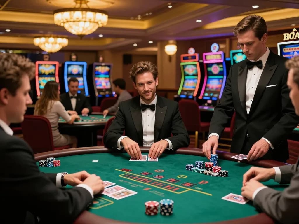 33win blackjack action scene with players engaged at a lavish casino table.