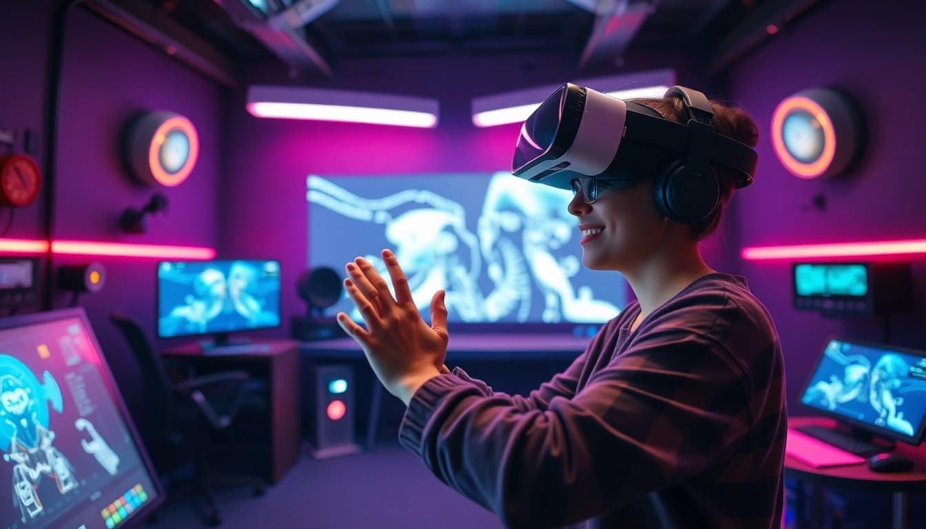 Excited user interacting with an NSFW character AI in a vibrant virtual reality setting.