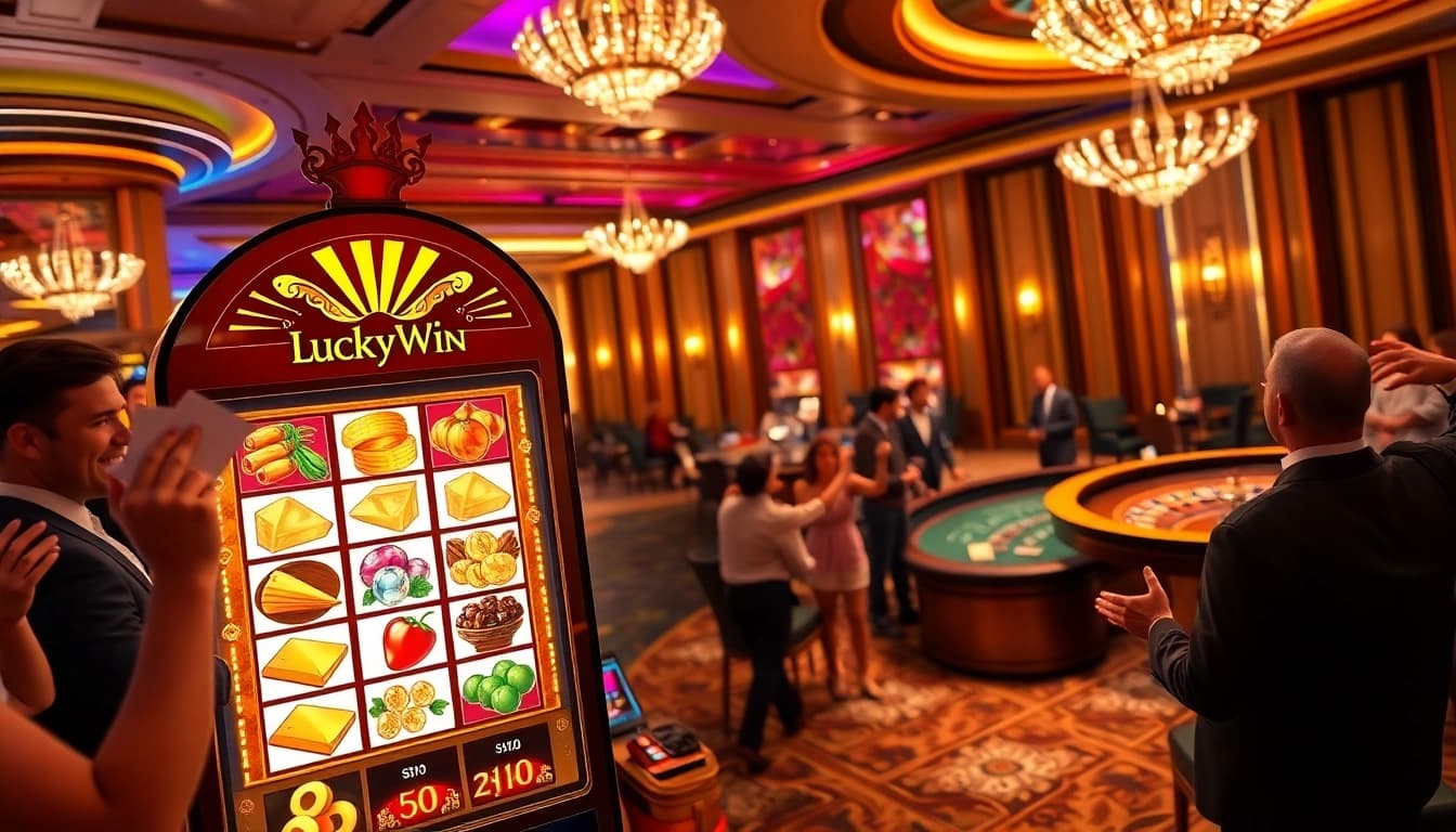 Excited players enjoying the LuckyWin slot machine in a vibrant casino atmosphere.