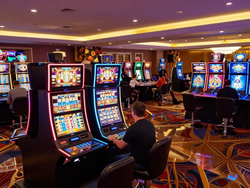 Players enjoying vibrant slot machines at LV88 casino, showcasing a lively gaming atmosphere