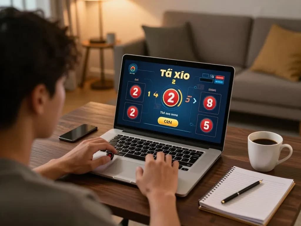 Engaging in tài xỉu online gameplay on a laptop, highlighting strategic betting in a cozy home setup.