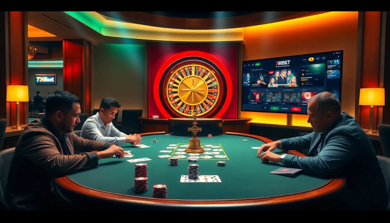 Players engaging in high-stakes poker at a 789bet casino, showcasing chips and cards.
