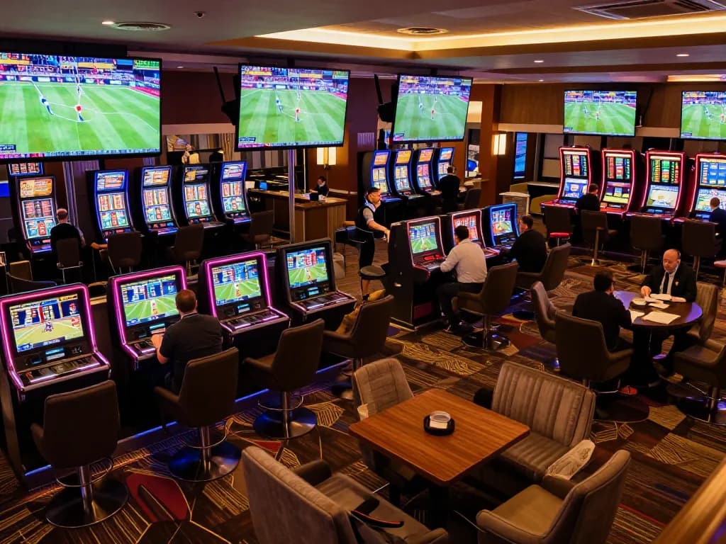 Kèo hiệp phụ betting at a vibrant sports lounge with live screens and excited patrons