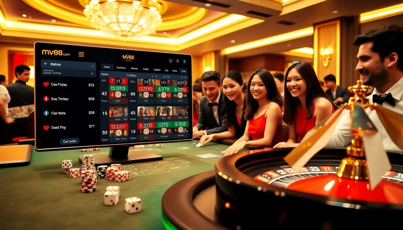 Players enjoying thrilling online gambling experiences at MV88 casino tables with vibrant atmosphere.