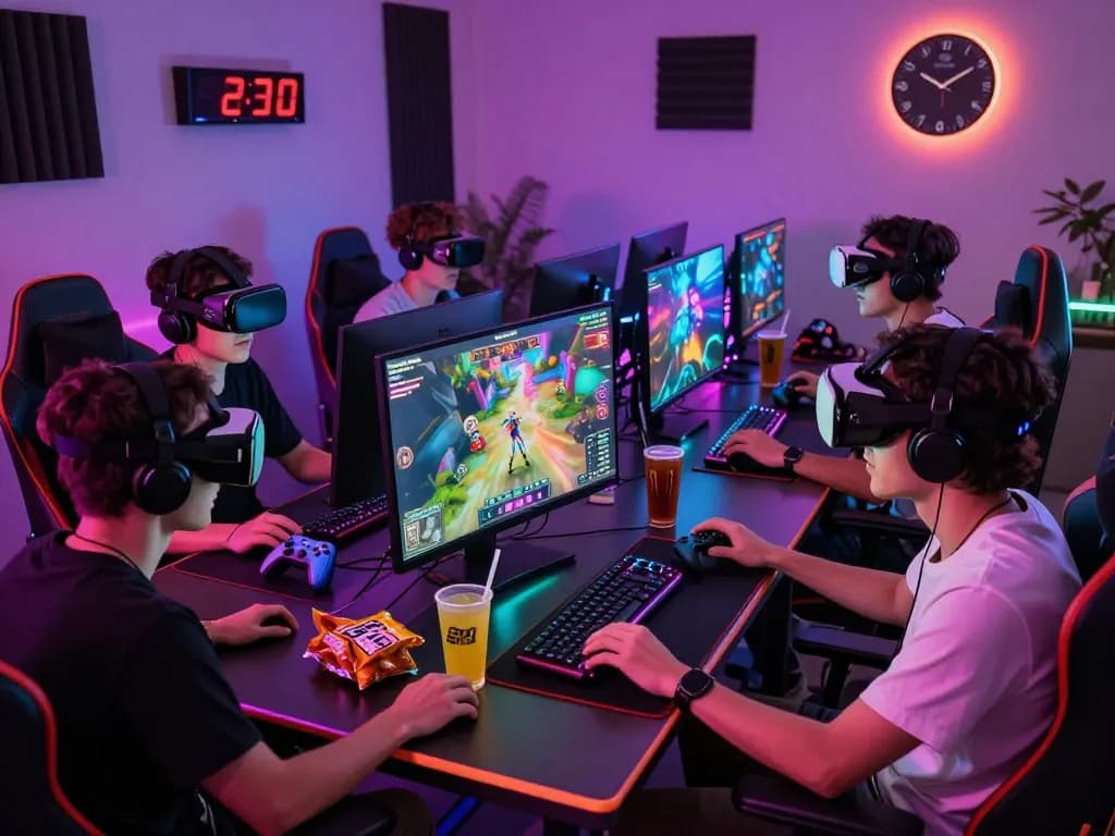 Engaged players enjoying Sunwin gaming platform with vibrant graphics and accessories in a dynamic gaming room.