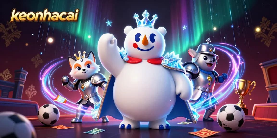 Engaging scene showcasing keonhacai with a cartoon ice king bear and fox, surrounded by sports betting elements.
