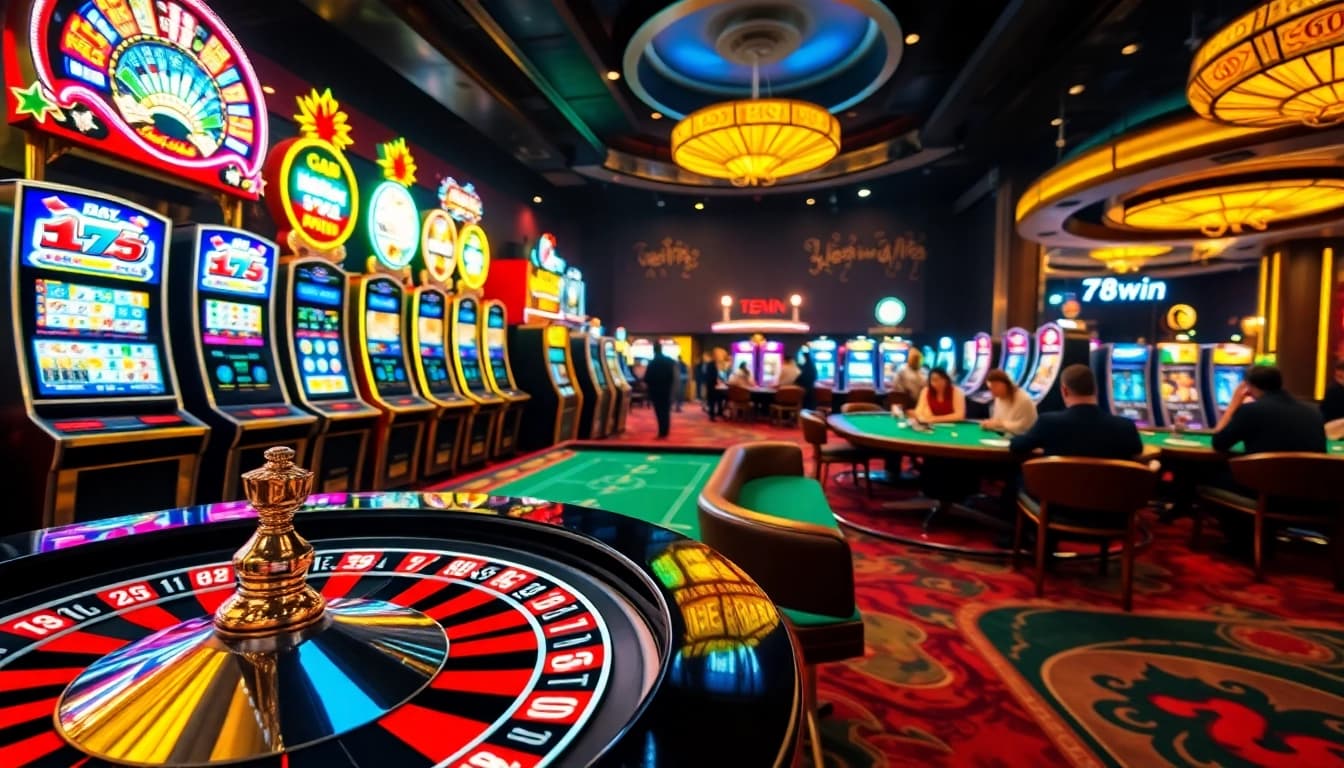 Players immersed in thrilling casino games at 78win, showcasing slot machines and roulette excitement.