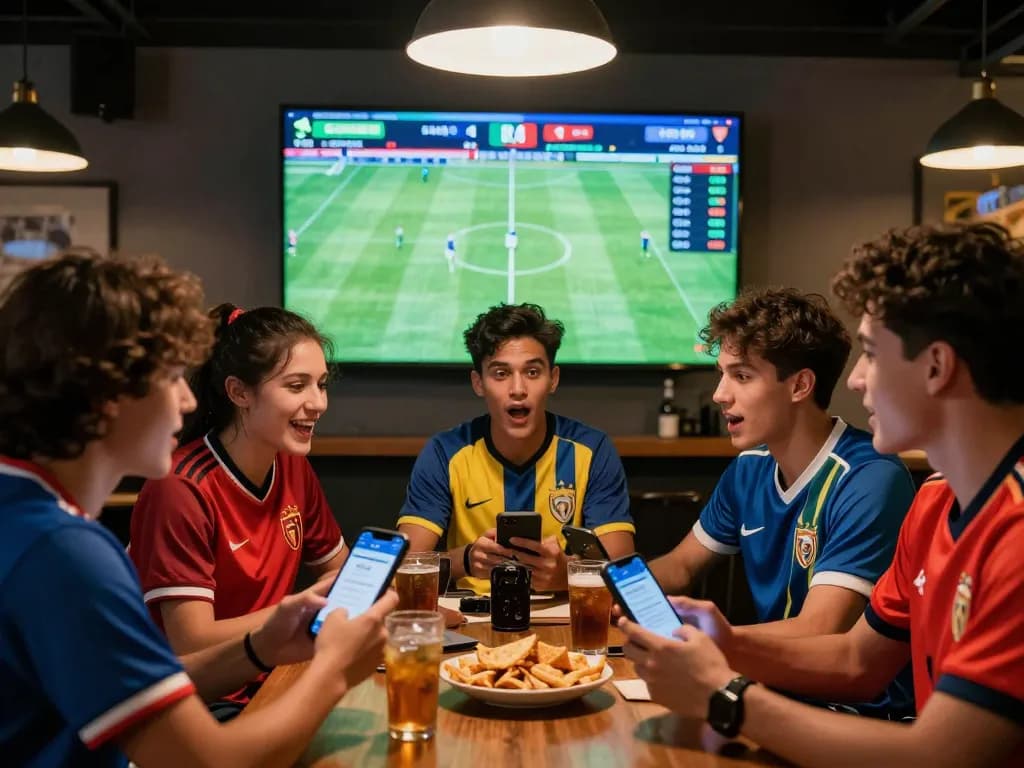 Friends enjoying the excitement of sports betting on 1gom during live football matches.