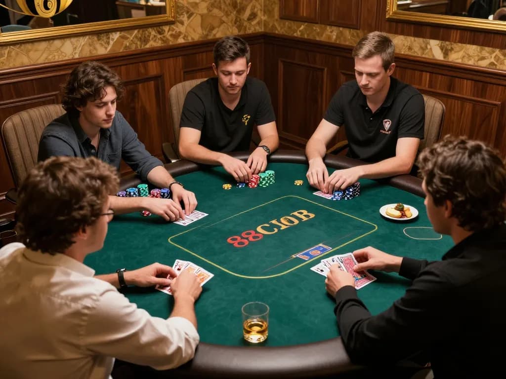 Players strategizing around a luxury poker table at 88clb, showcasing an intense Texas Hold'em game experience.