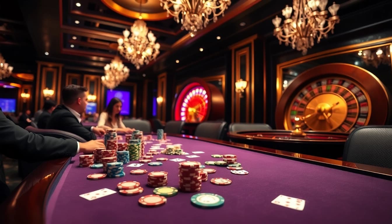 Exciting poker game scene at go99 casino with colorful chips and cards.