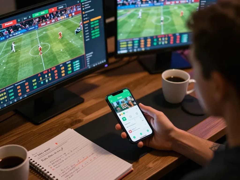 Engaging in live sports betting through the Go8 app while planning strategies and keeping notes.
