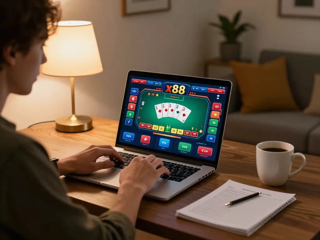 Player engaging in an exciting x88 poker game online, showcasing a dynamic home gaming atmosphere