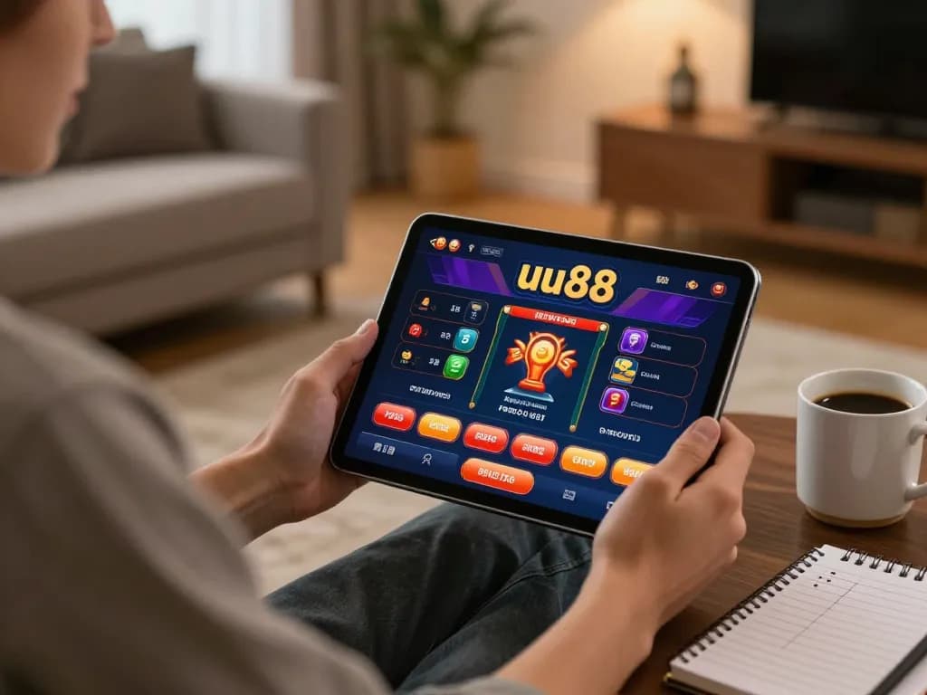 Engaging uu88 online gaming scene with player using tablet in cozy home setting.