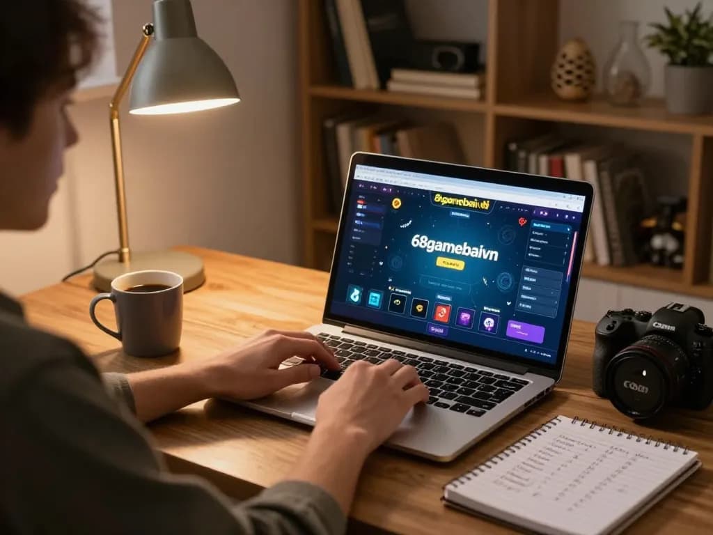 Player engaging with the 68gamebaivn poker game on a laptop, highlighting an inviting gaming atmosphere.