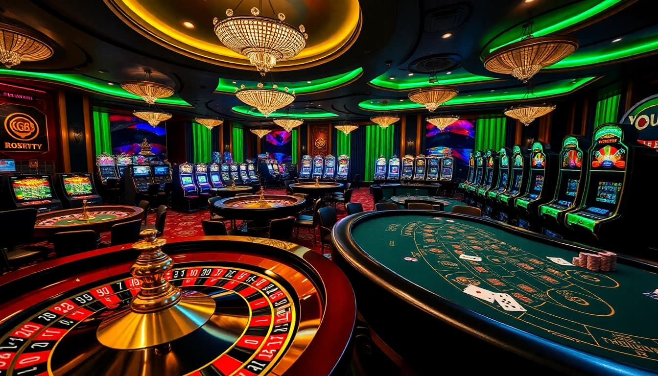 Go88 online casino scene showcasing poker tables, roulette wheels, and vibrant slot machines.