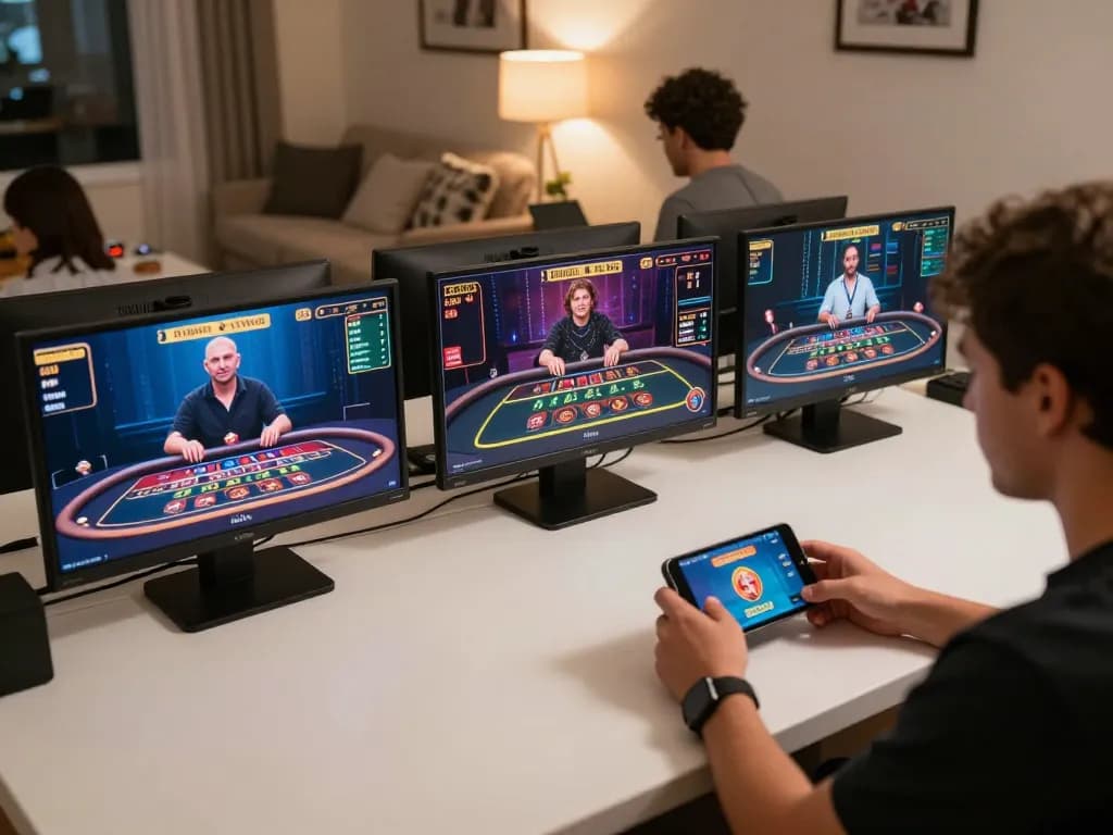 Engaging online gaming moment featuring f8betz live dealers interacting with players via mobile.