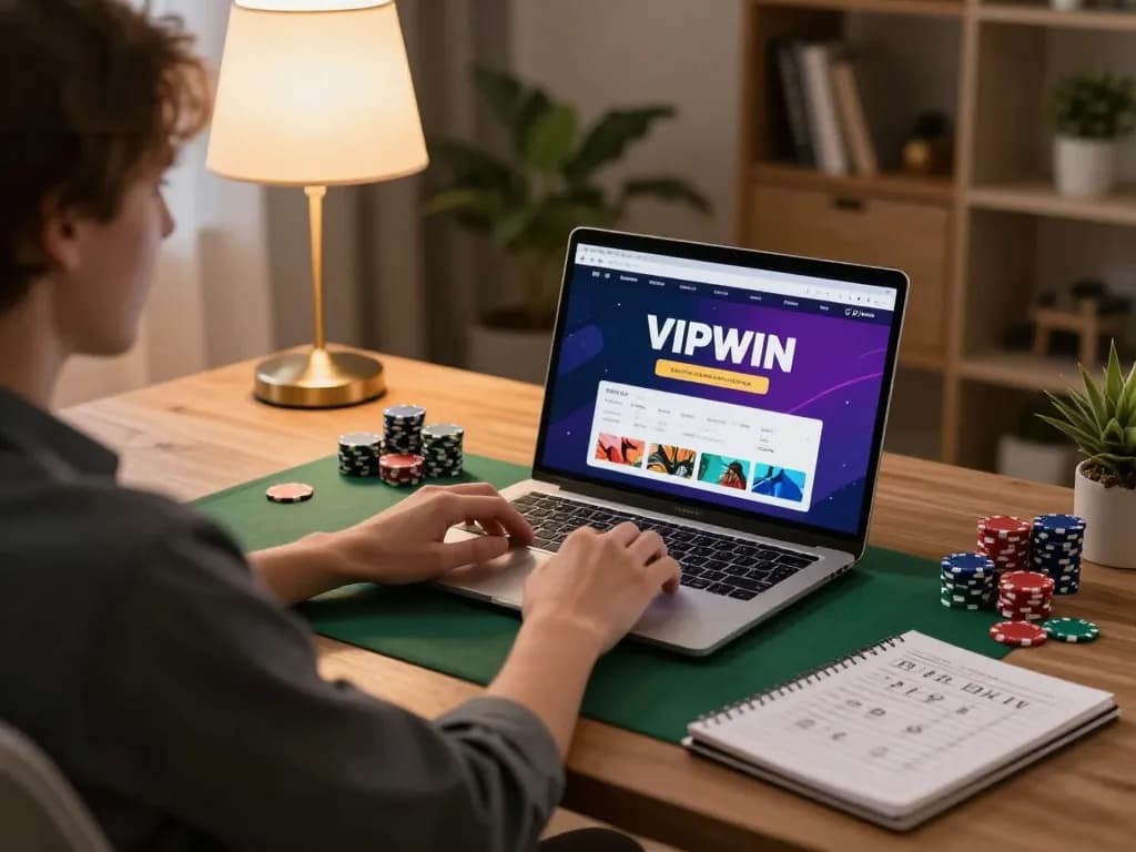 Engaging in online gaming at vipwin2, a player strategizing with poker chips and a laptop in a cozy home office