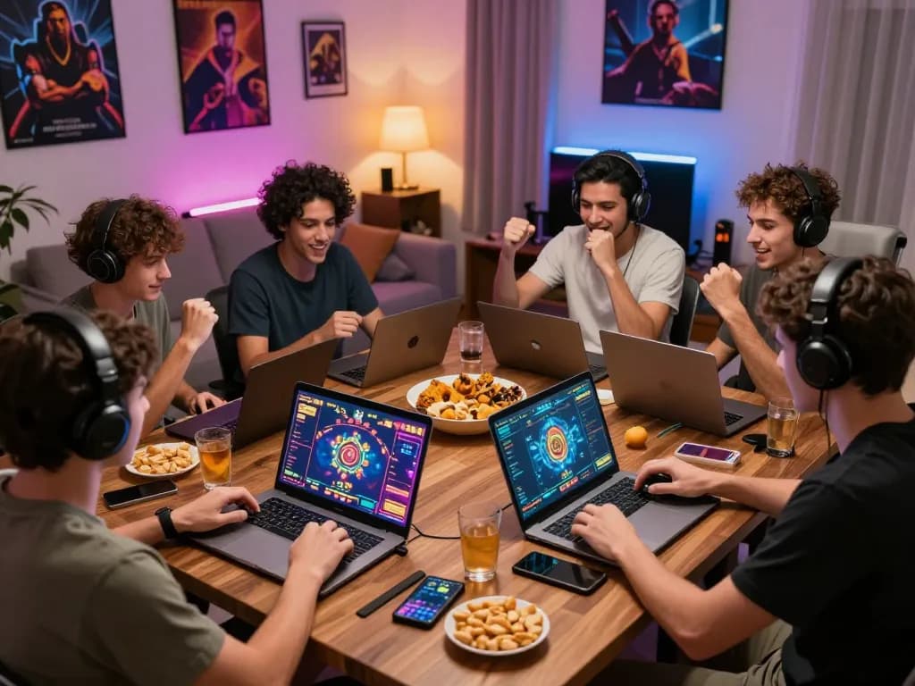 Excited players enjoying a tài xỉu online gaming session at home, showcasing vibrant interfaces and enthusiastic interactions.