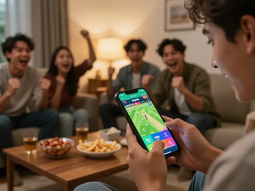 Engaging moment of betting on joya9 best cricket app during a home match, showcasing excitement.